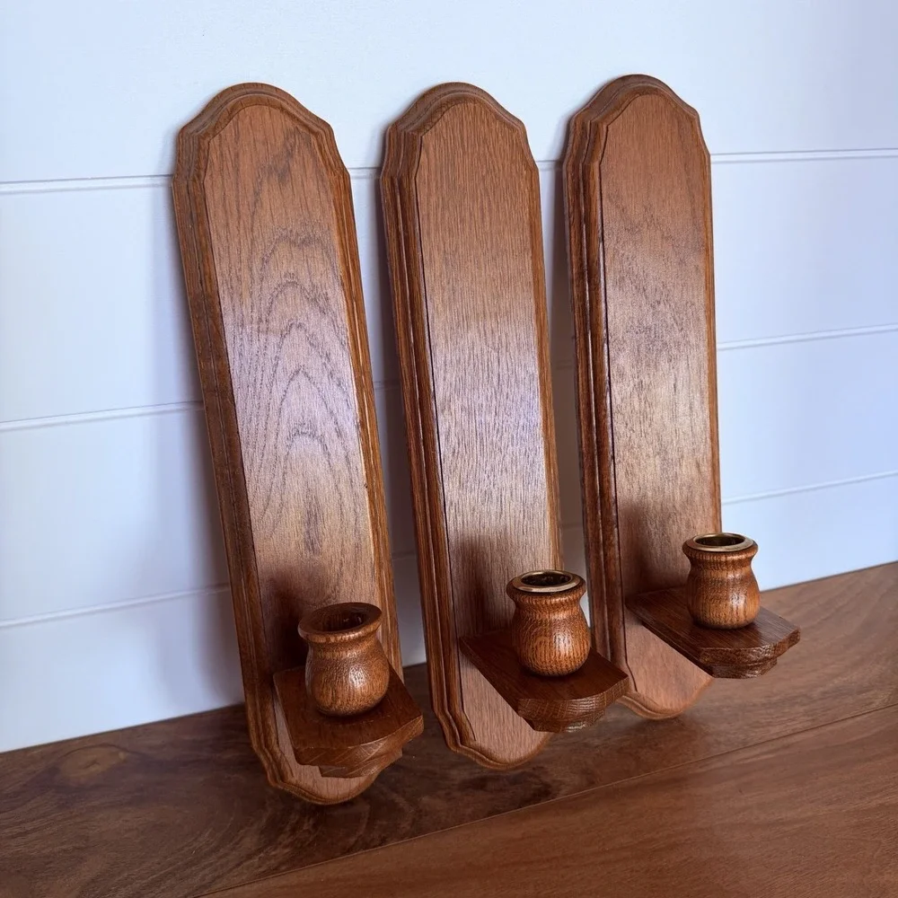 3pc Wall Mounted Wooden Candle Sconces Grandma Cottage Vintage Rustic Prairie‎